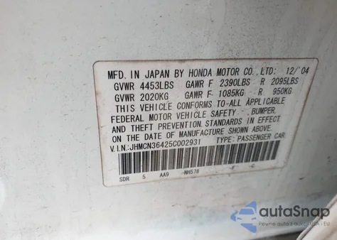 2005 Honda Accord Hybrid Ima z USA, uszkodzony, nr VIN JHMCN36425C002931